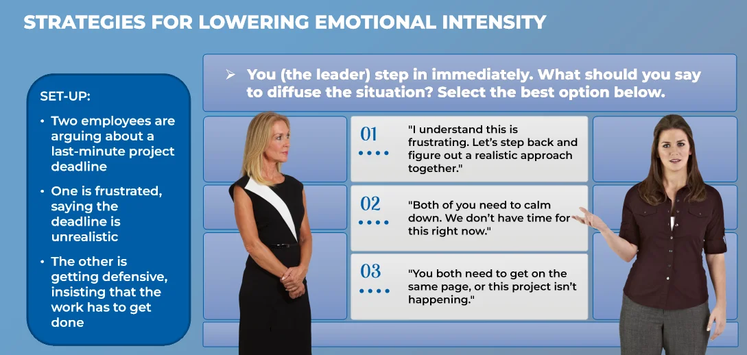 De-escalation activity showing scenario with response options