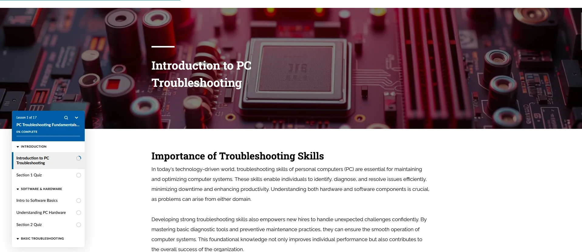 Course introduction showing lesson navigation