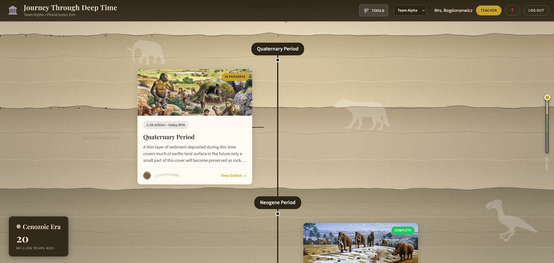 Geologic Time Museum - Interactive vertical timeline showing geological eras from Cenozoic to Paleozoic